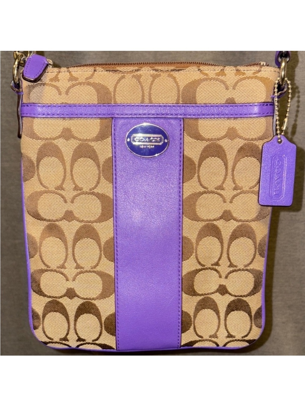 Coach Tan Signature Canvas Crossbody with Purple Leather Stripe